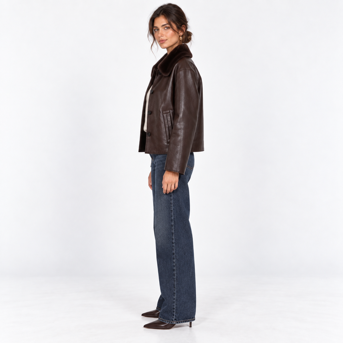 Reversible Faux Fur Jacket — Chocolate — side view