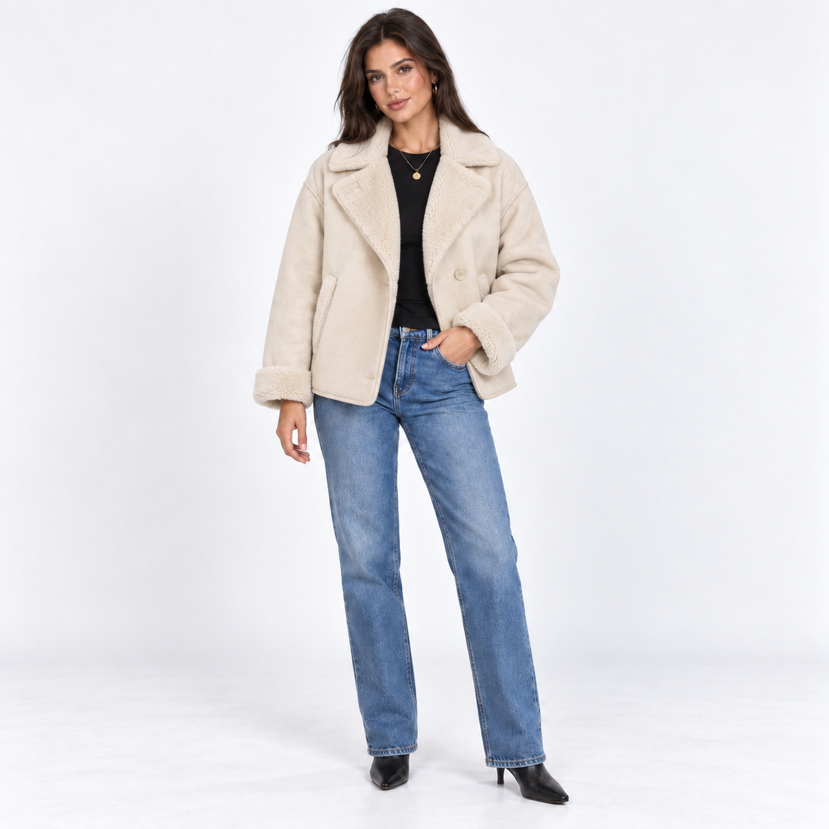 Faux Shearling Collar Jacket — Cream — front view