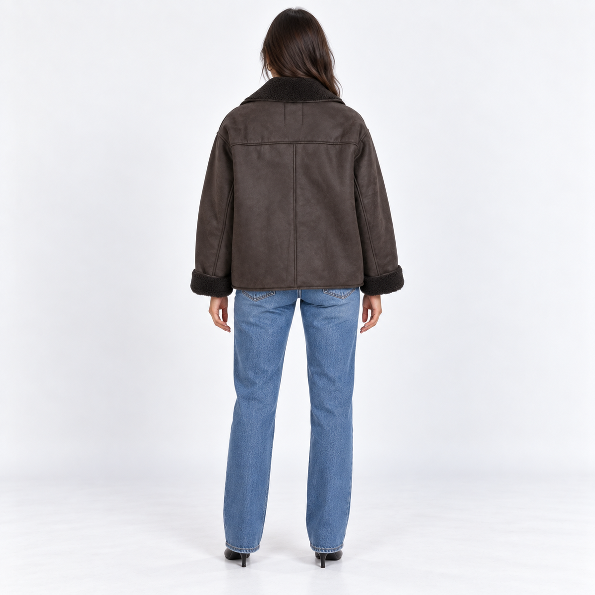 Faux Shearling Collar Jacket — Espresso — back view