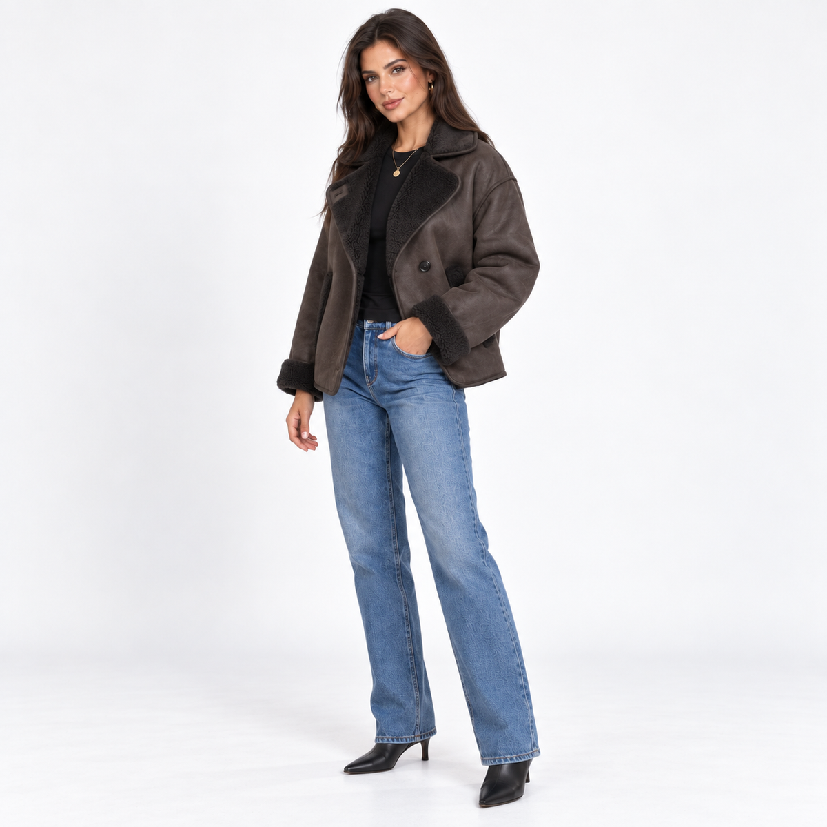 Faux Shearling Collar Jacket — Espresso — front45 view