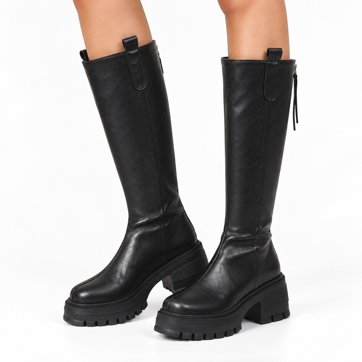 Chunky-Sole Knee-High Boots — Black — worn view