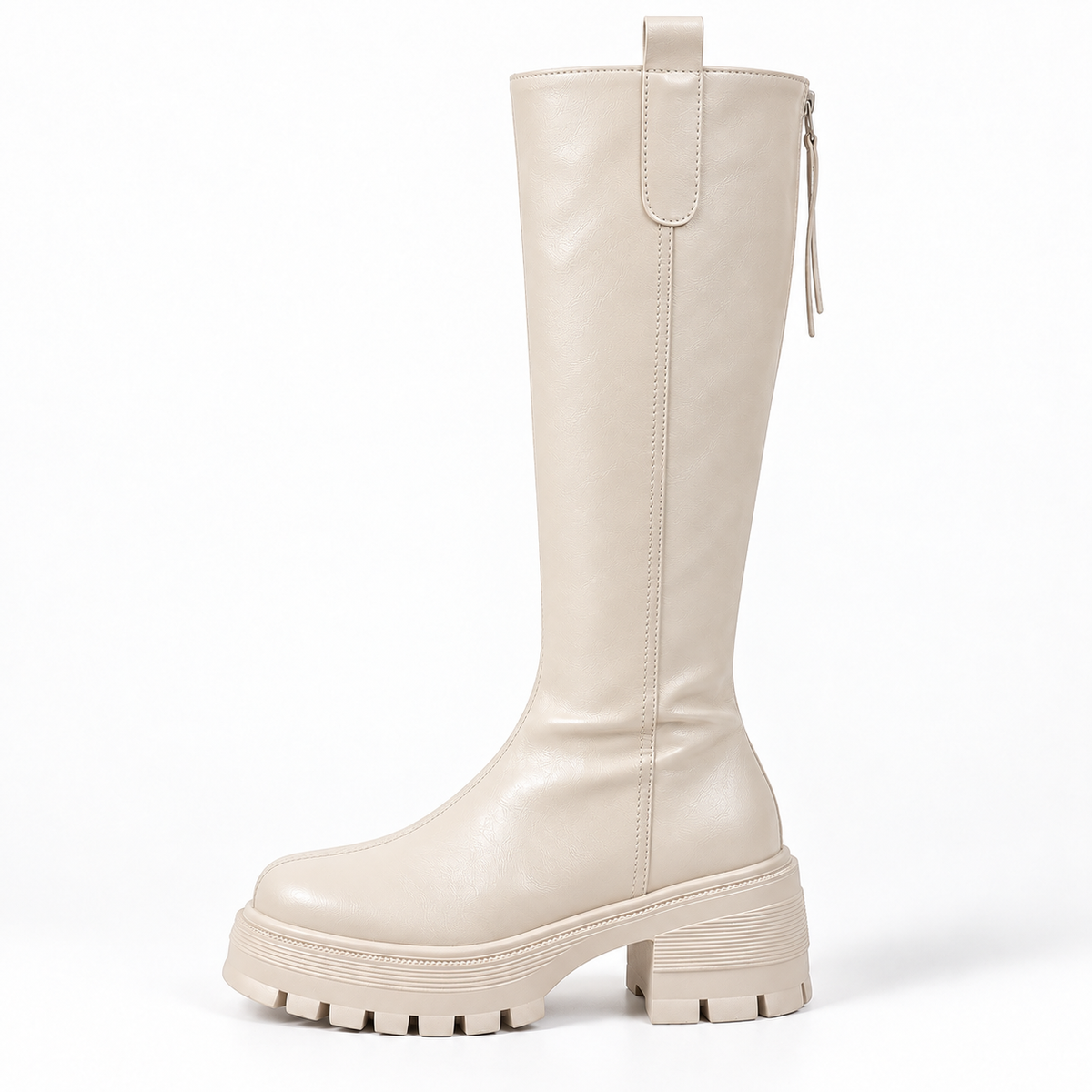 Chunky-Sole Knee-High Boots — Creme — front view