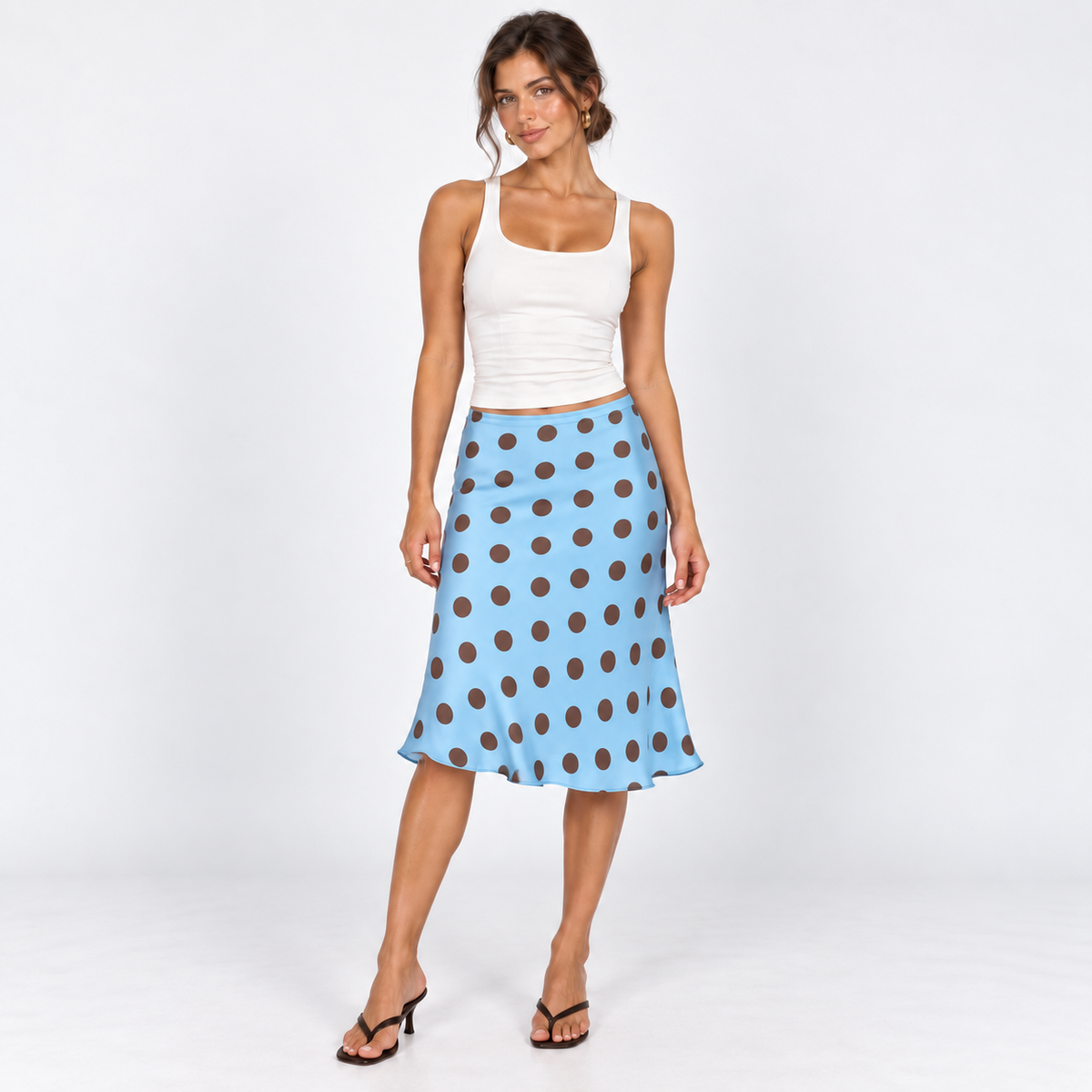 Retro Polka Dot Slip Skirt — Blue — front view