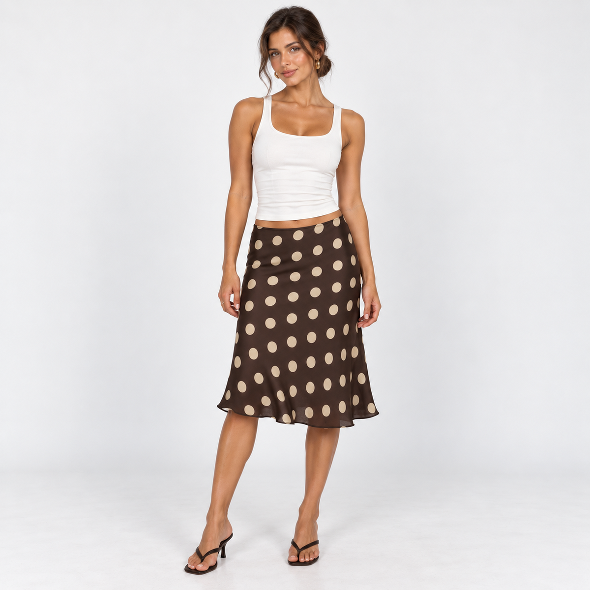 Retro Polka Dot Slip Skirt — Brown — front view