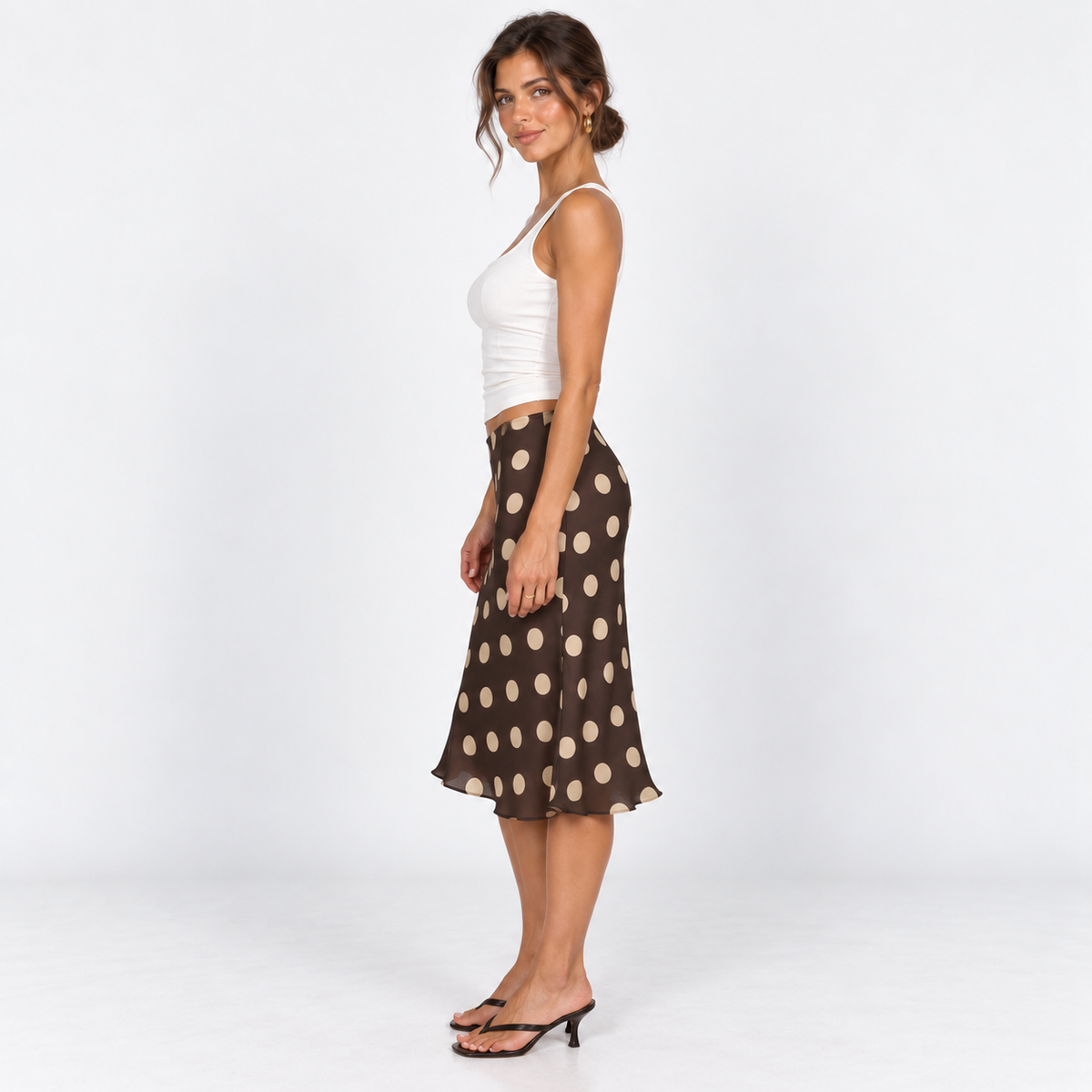 Retro Polka Dot Slip Skirt — Brown — side view