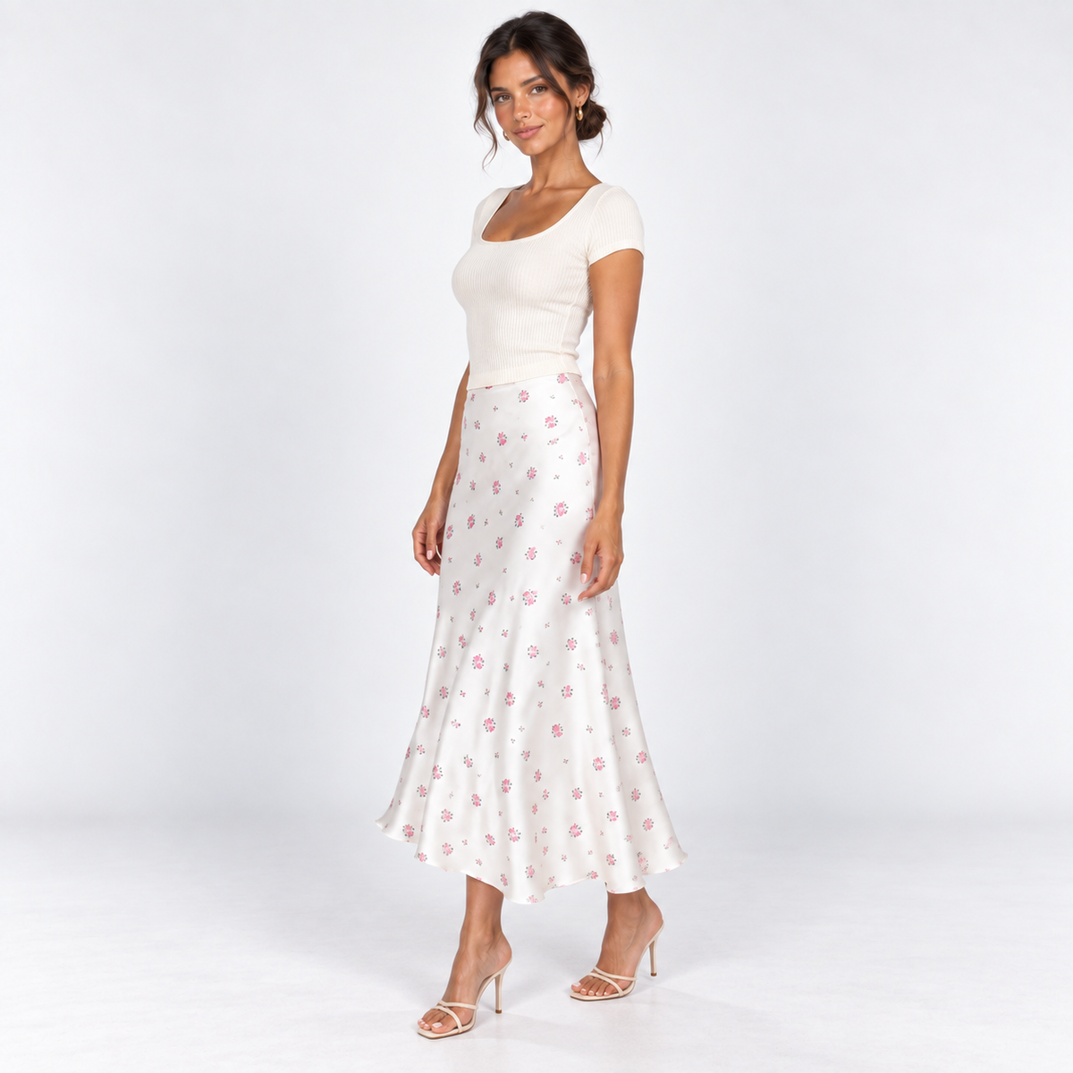 Floral Satin Midi Skirt — White — front45 view