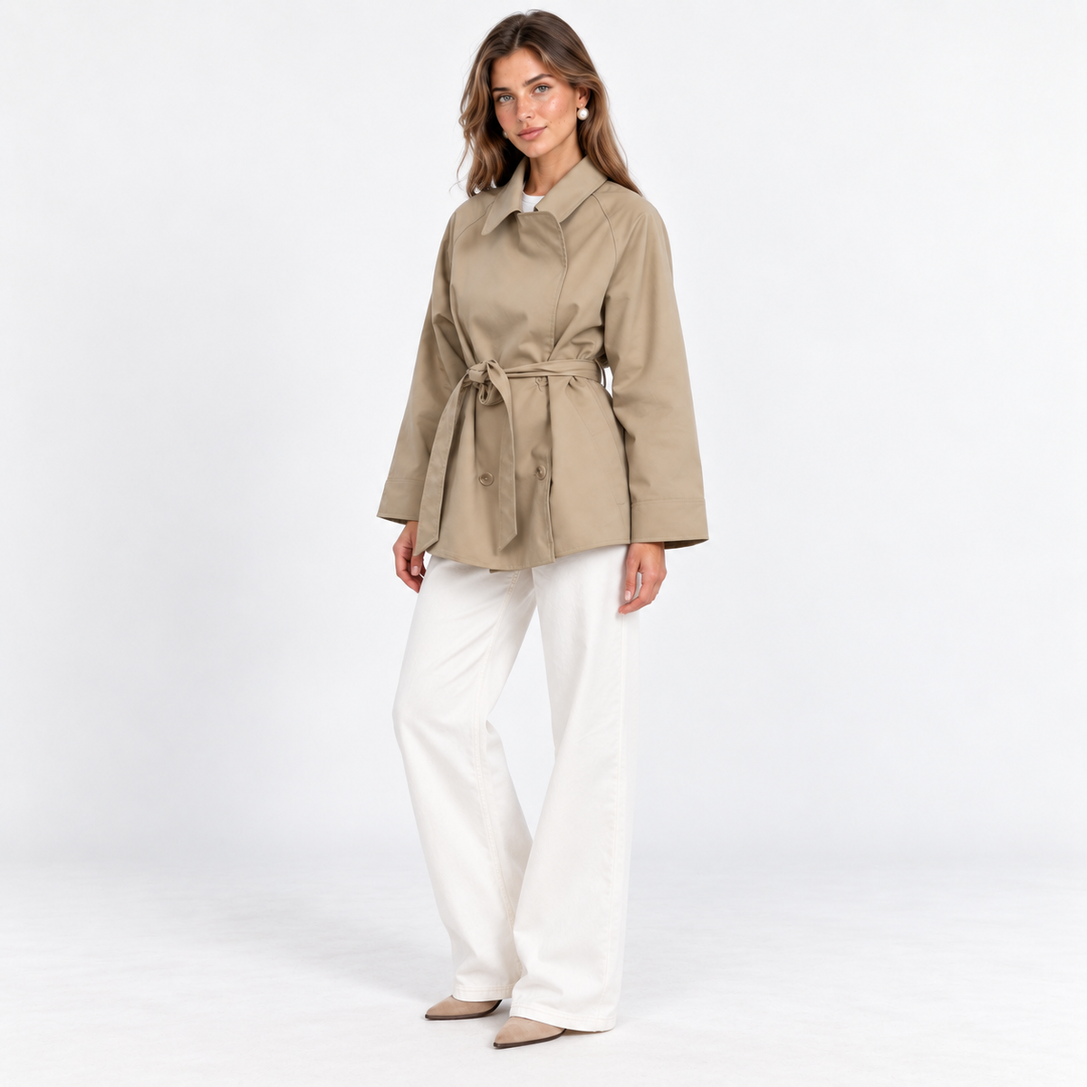 Tie-Waist Short Trench Coat — Beige — front45 view