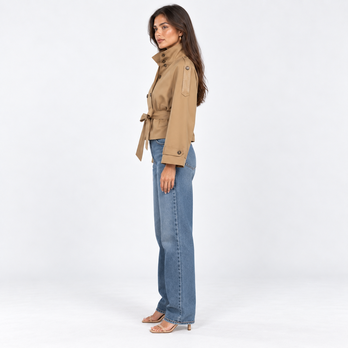 Stand-Collar Cropped Trench — Beige — side view