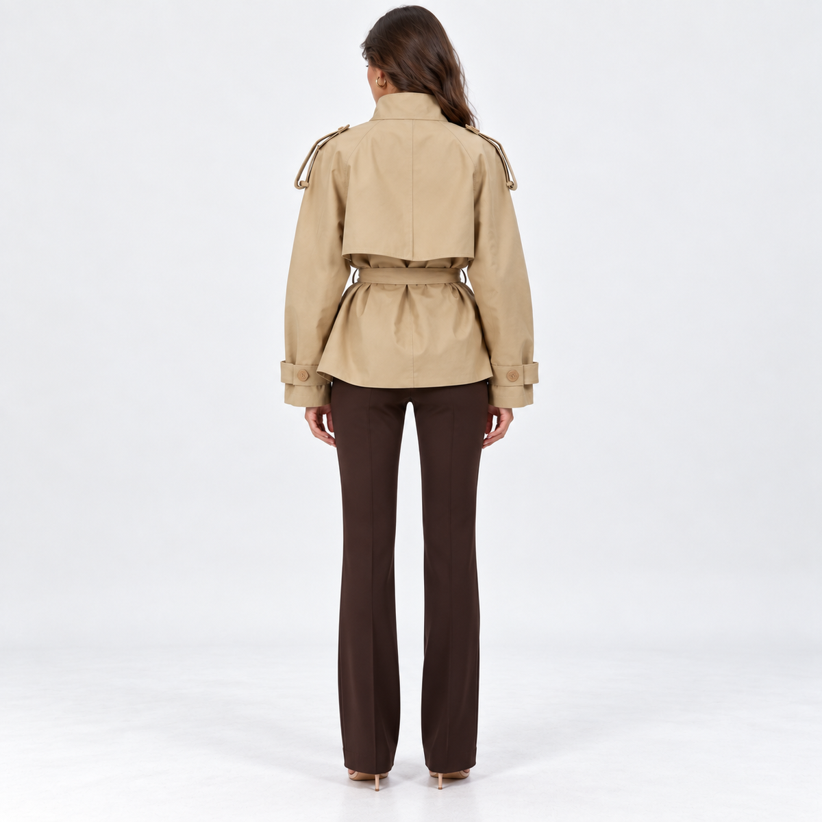 Tie-Waist Stand-Collar Trench — Beige — back view