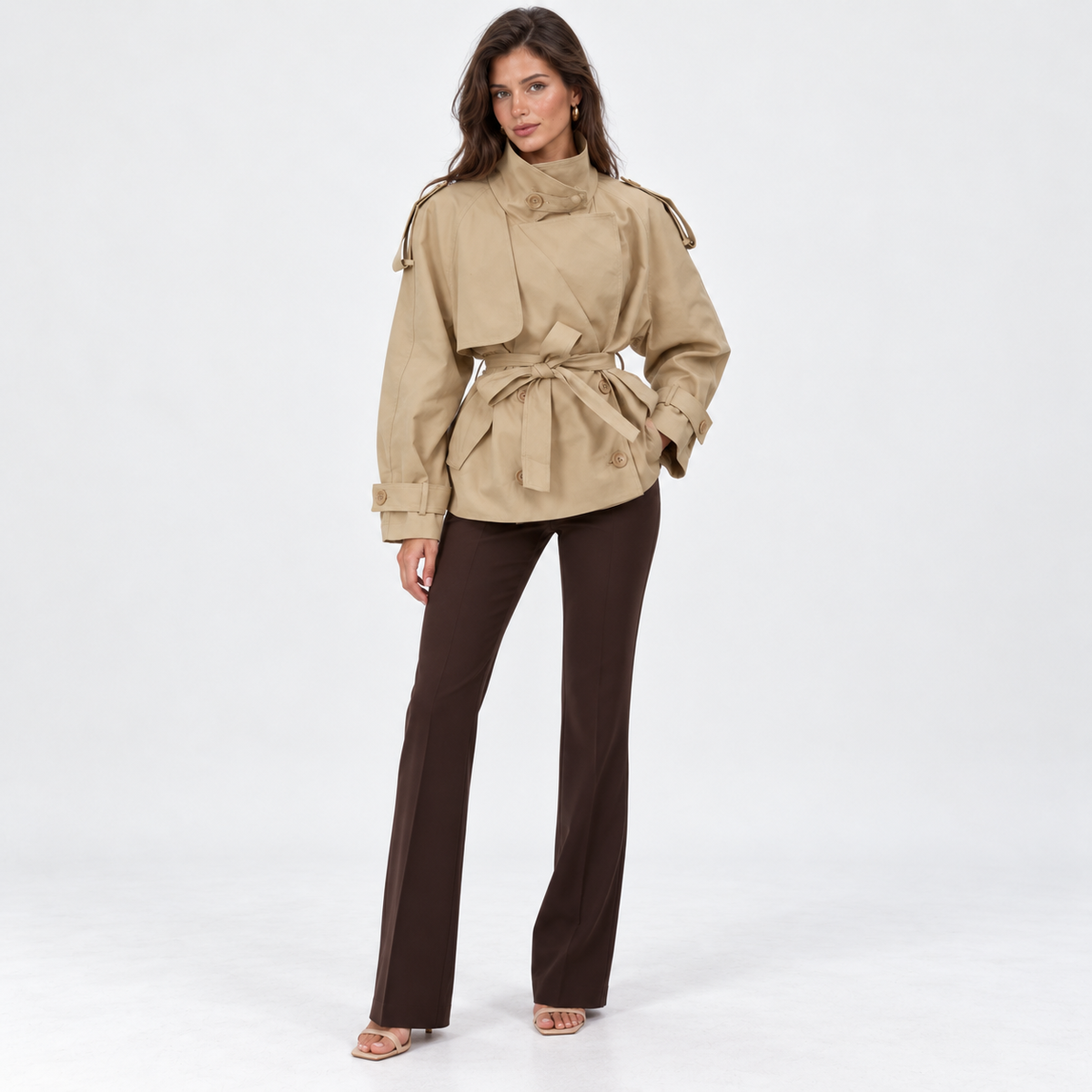 Tie-Waist Stand-Collar Trench — Beige — front view
