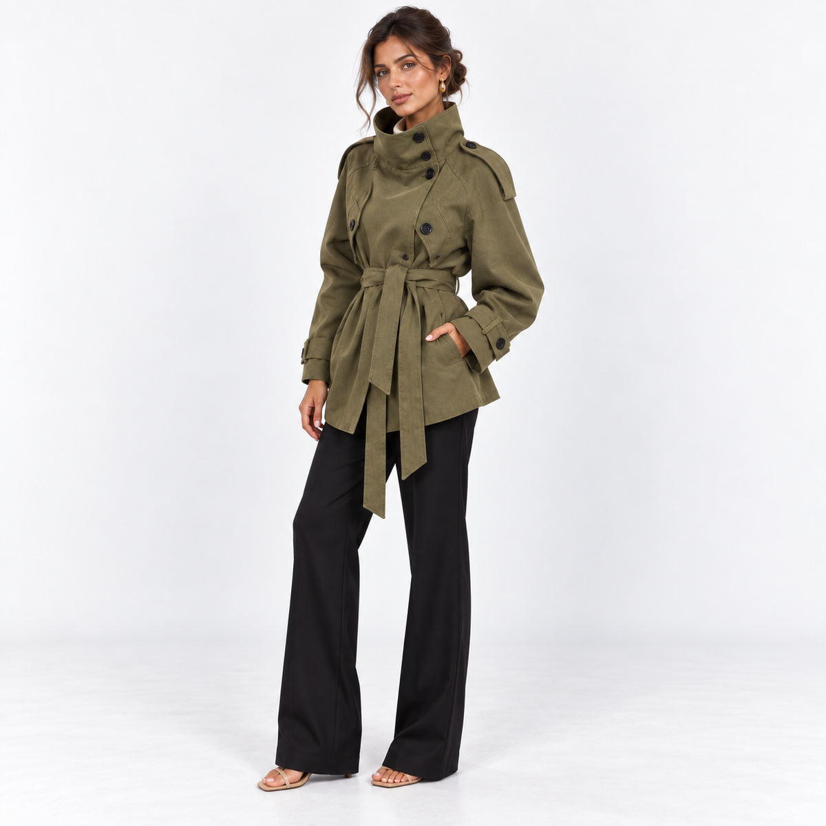 Olive Belted Short Trench — Olive Green — front45 view