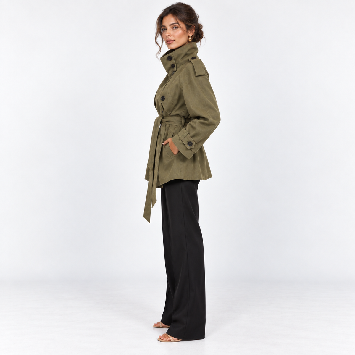 Olive Belted Short Trench — Olive Green — side view
