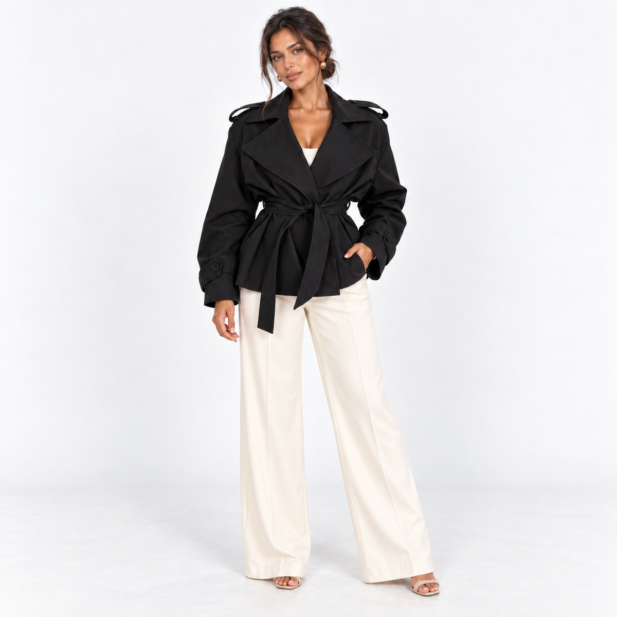 Wide-Lapel Short Trench — Black — front view