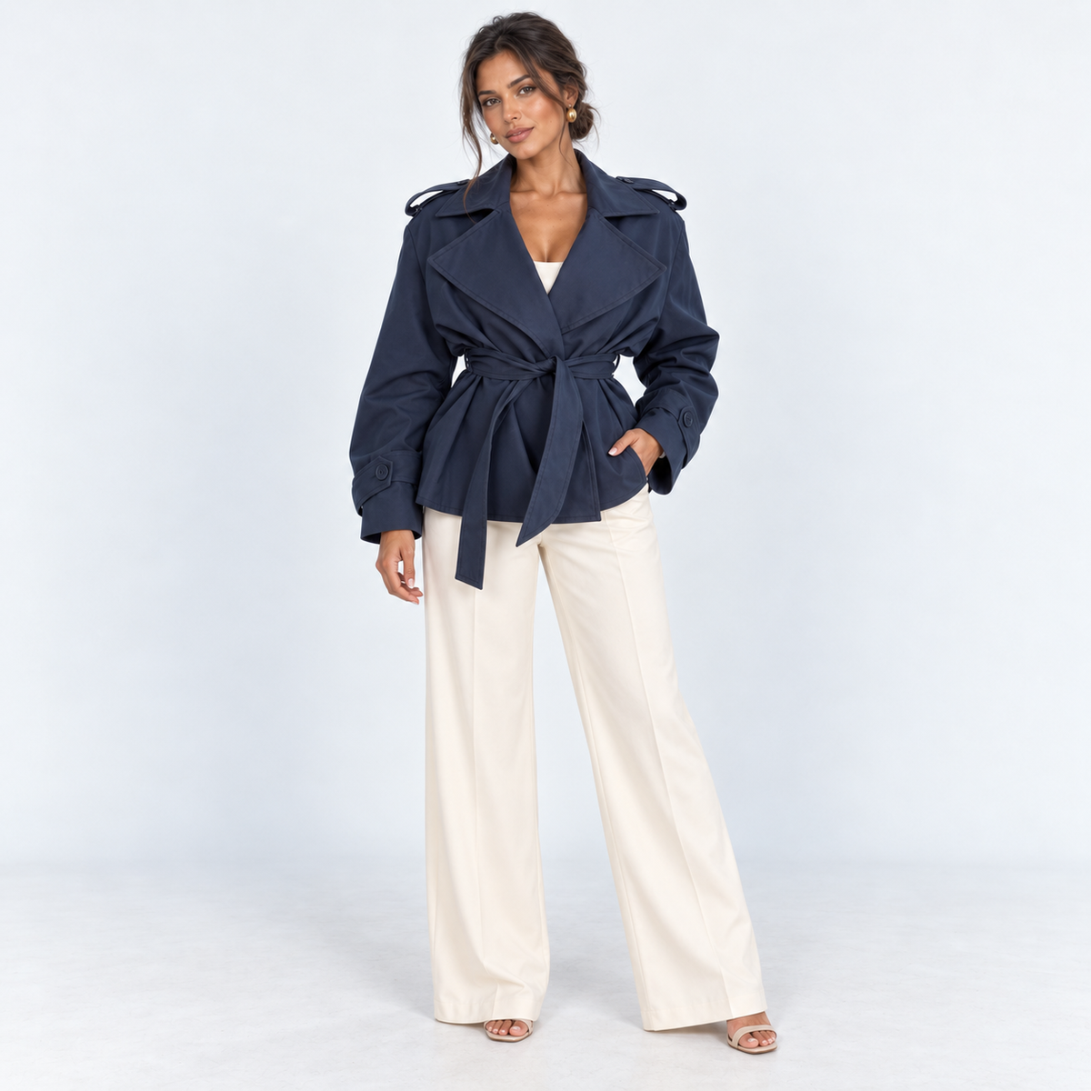Wide-Lapel Short Trench — Navy — front view