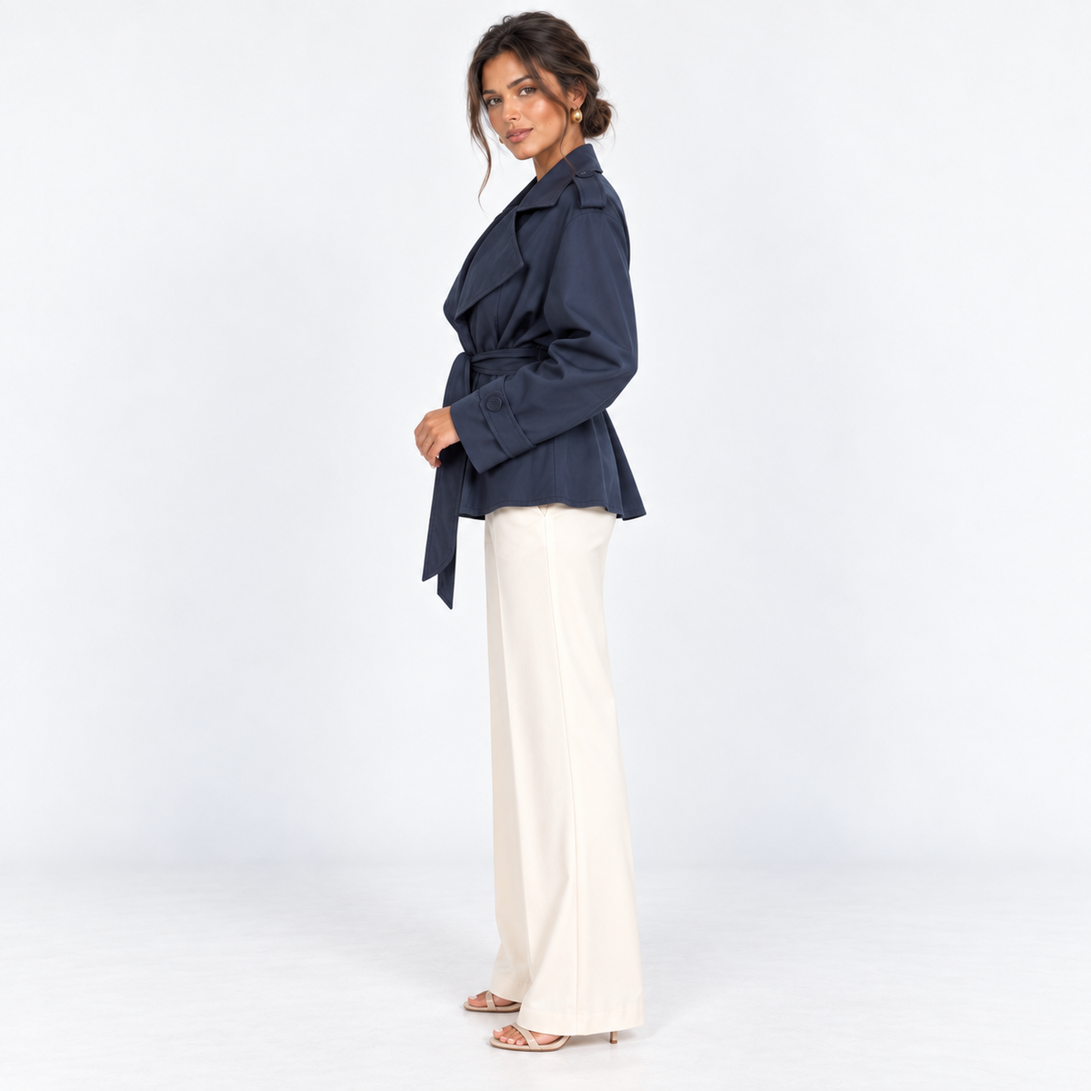 Wide-Lapel Short Trench — Navy — side view