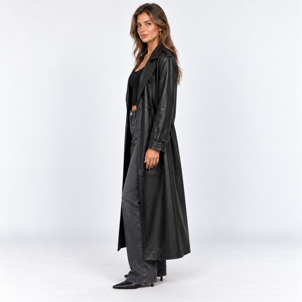 Long Faux Leather Trench Coat — Black — side view