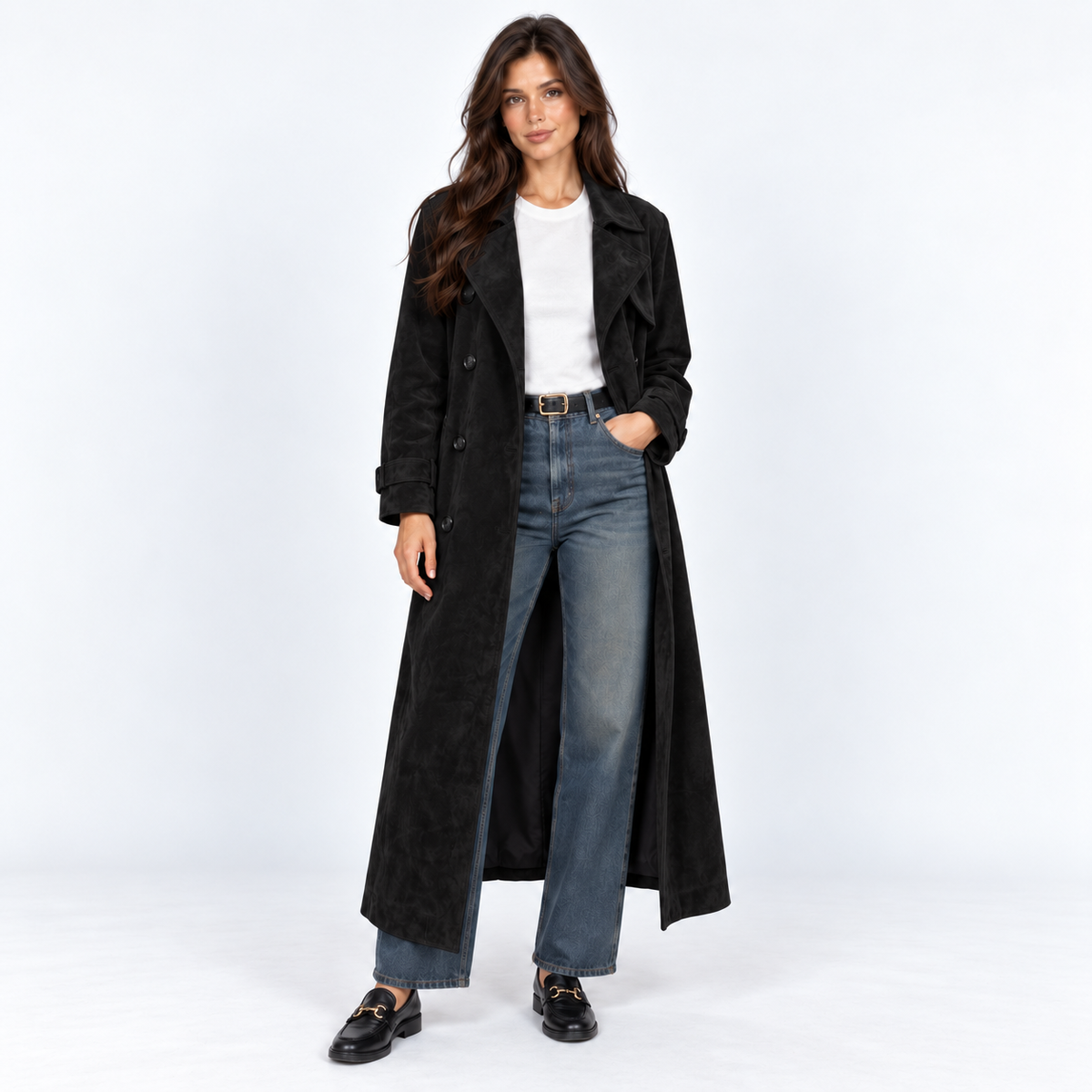 Faux Suede Midi Trench Coat — Black — front view