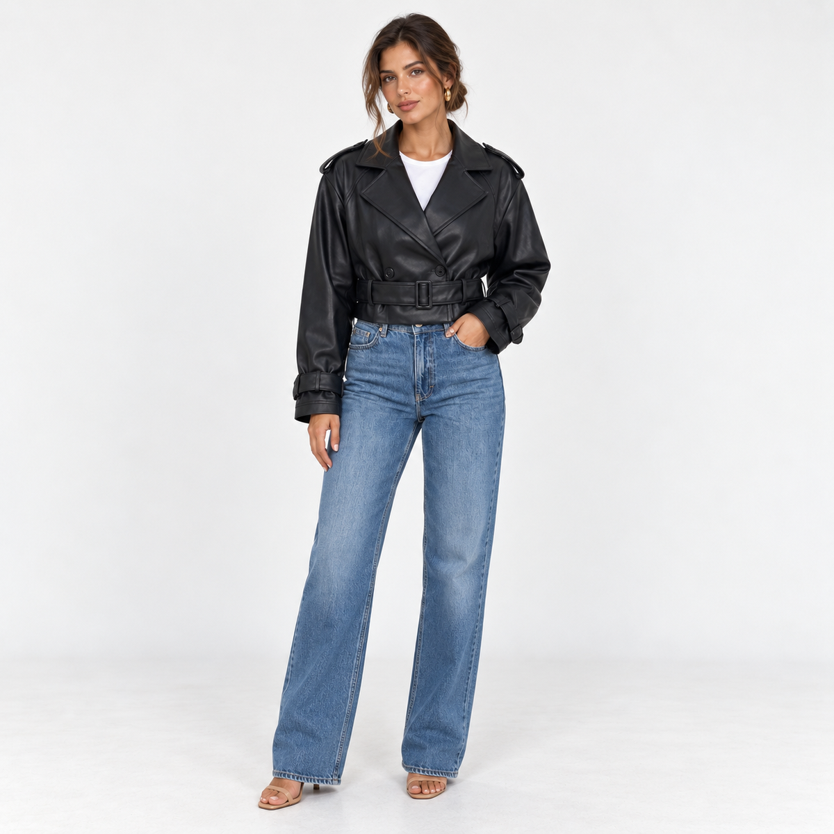 Faux Leather Cropped Trench Jacket — Black — front view
