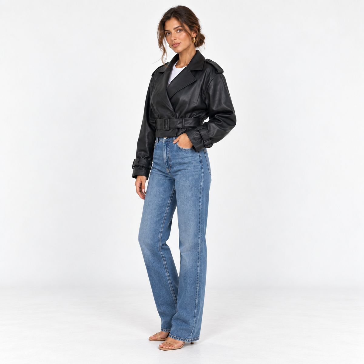 Faux Leather Cropped Trench Jacket — Black — front45 view