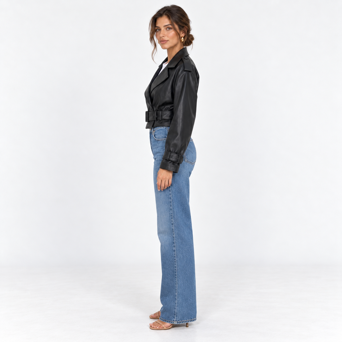 Faux Leather Cropped Trench Jacket — Black — side view