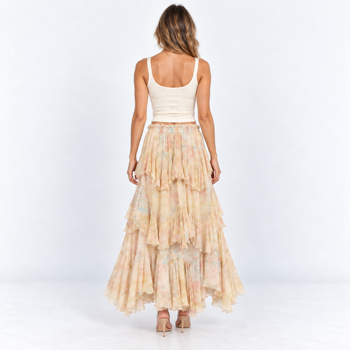 Watercolour Ruffle Maxi Skirt — Pastel Print — back view