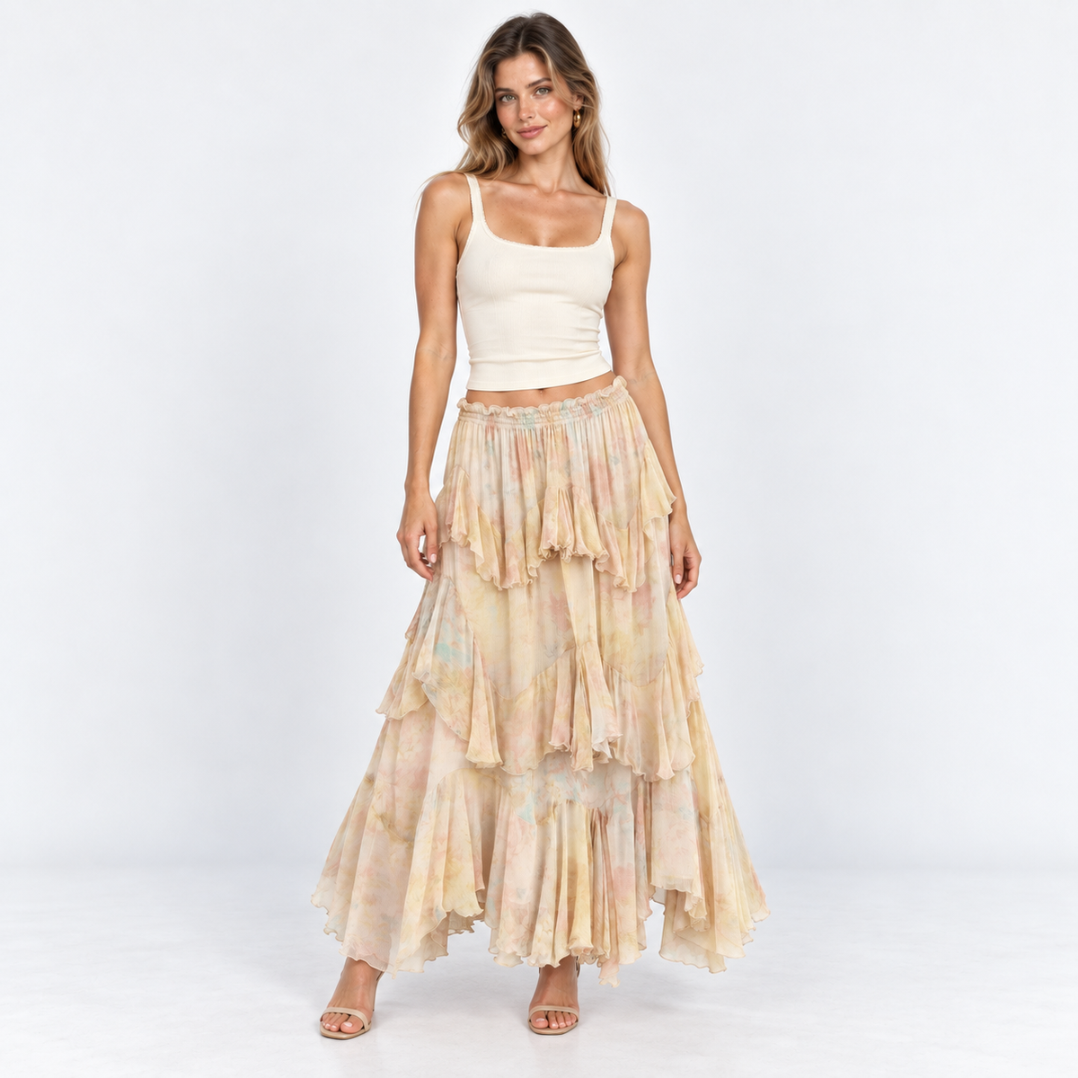 Watercolour Ruffle Maxi Skirt — Pastel Print — front view