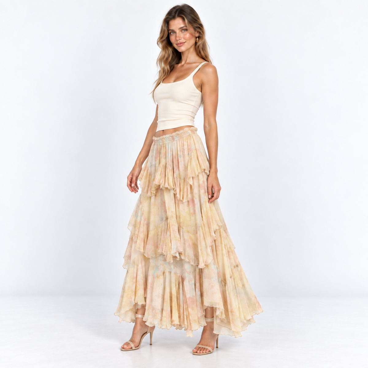 Watercolour Ruffle Maxi Skirt — Pastel Print — front45 view