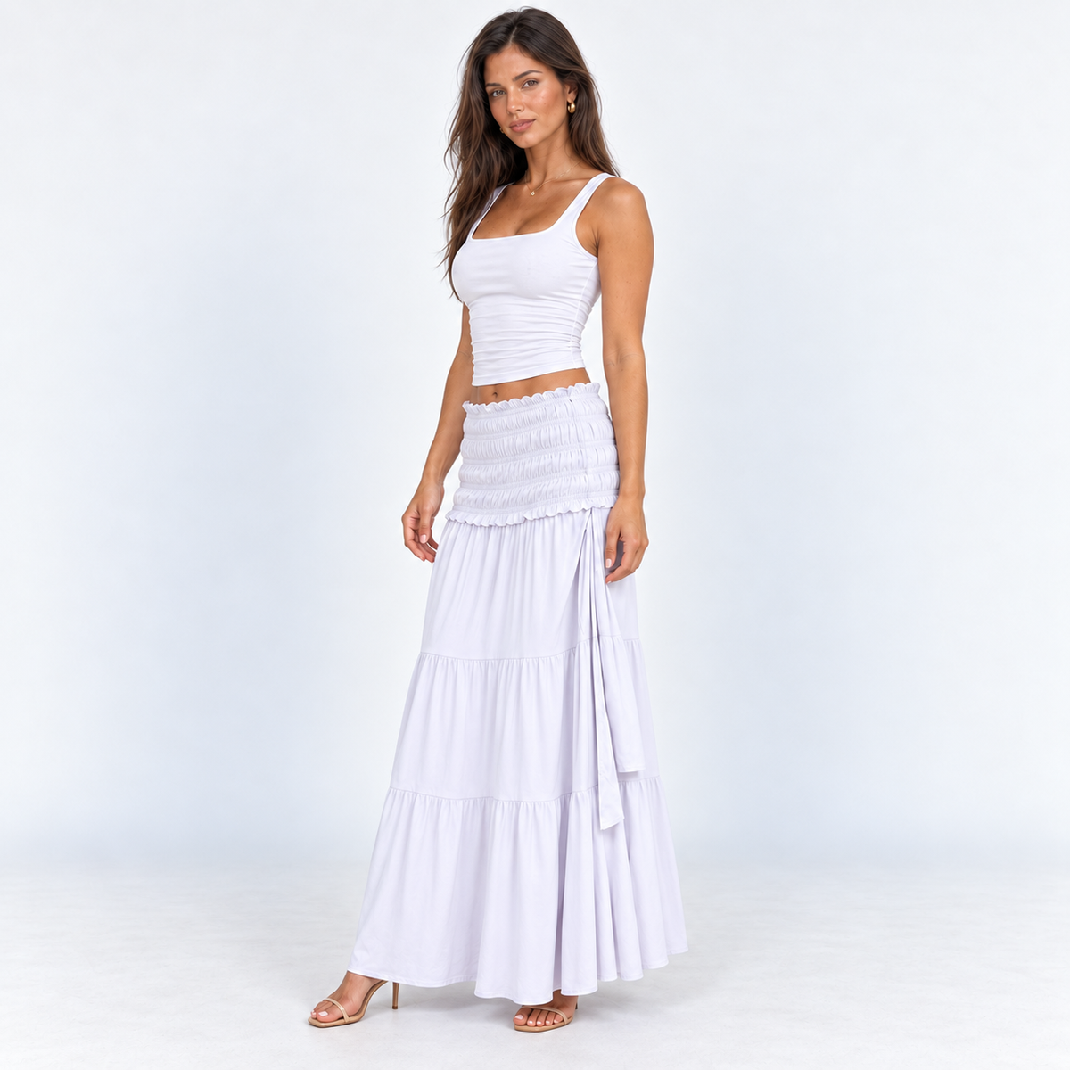 Shirred-Waist Tiered Maxi Skirt — Gray — front45 view