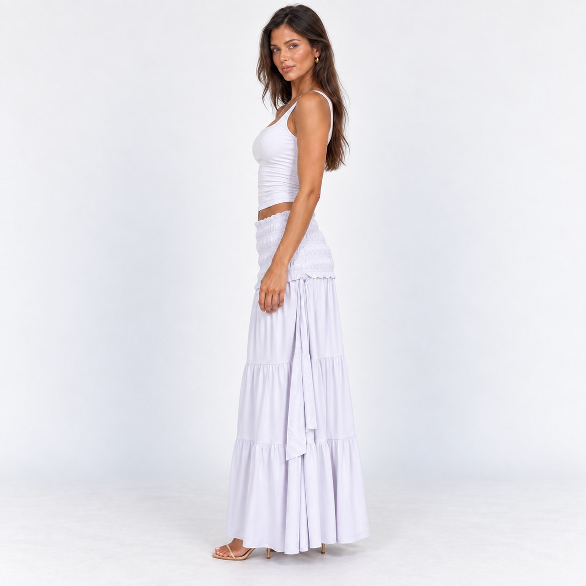 Shirred-Waist Tiered Maxi Skirt — Gray — side view