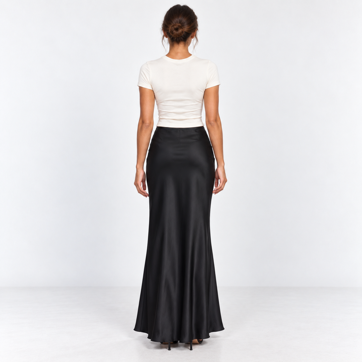 Bias-Cut Satin Maxi Skirt — Black — back view