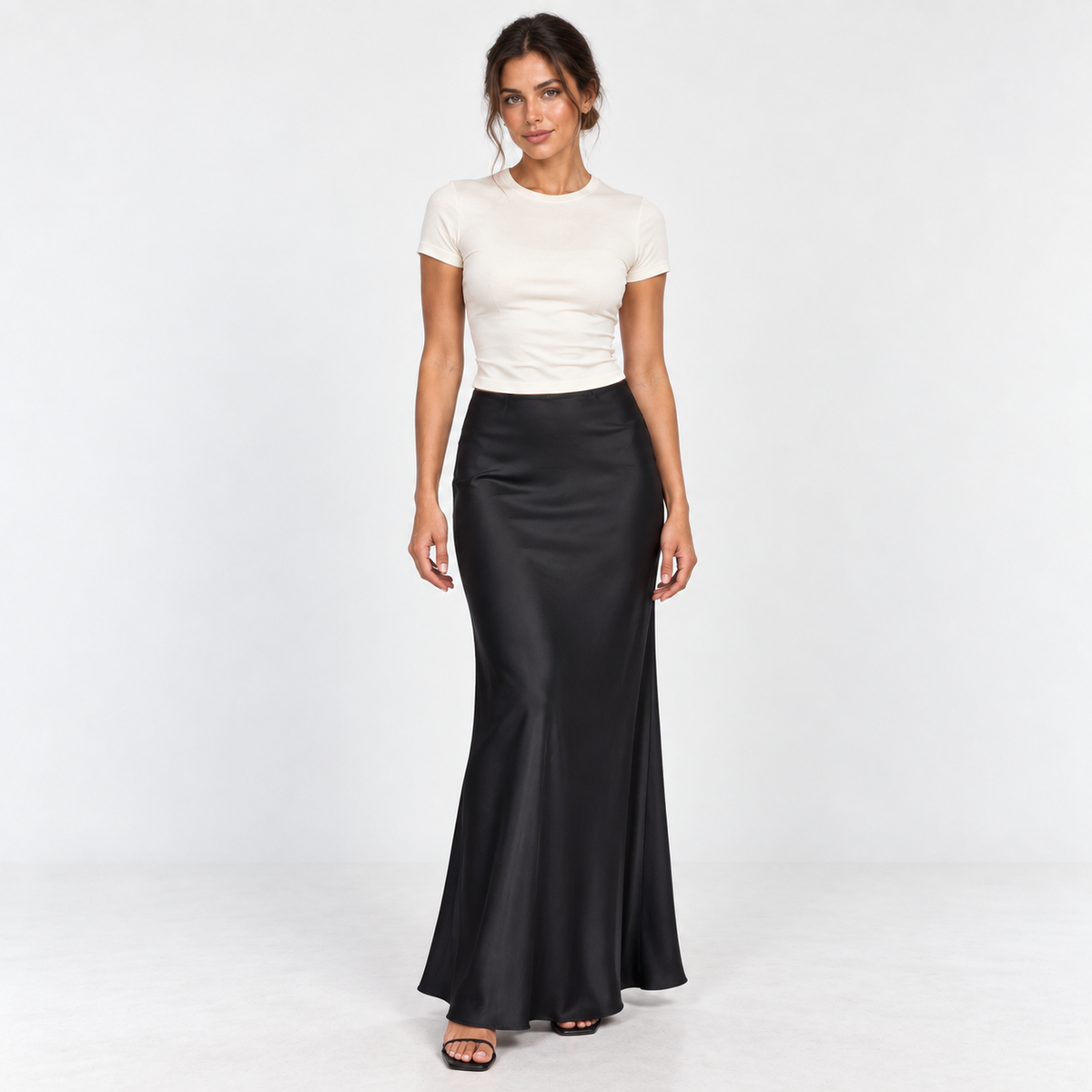 Bias-Cut Satin Maxi Skirt — Black — front view