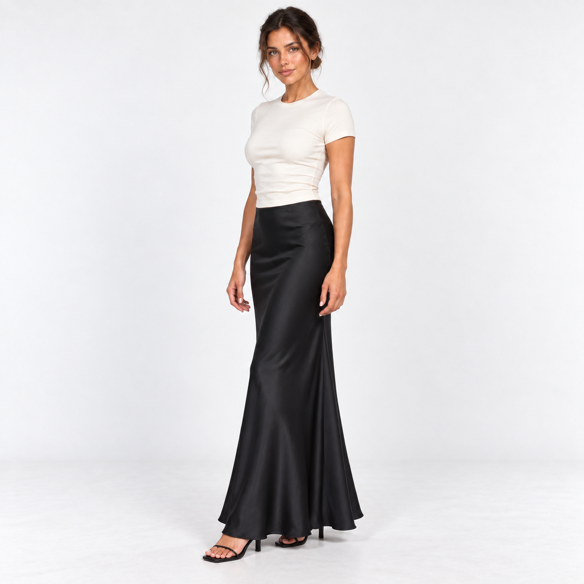 Bias-Cut Satin Maxi Skirt — Black — front45 view