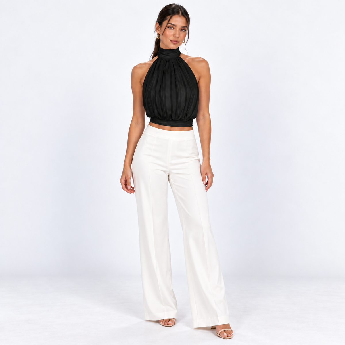Gathered Halter Tie-Back Top — Black — front view