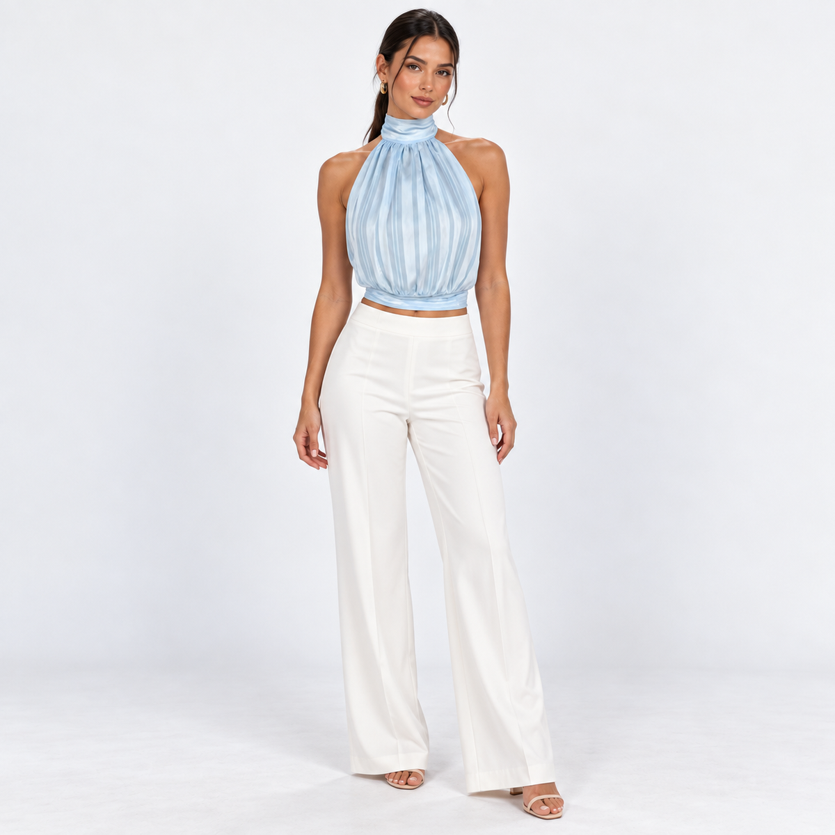 Gathered Halter Tie-Back Top — Light Blue — front view