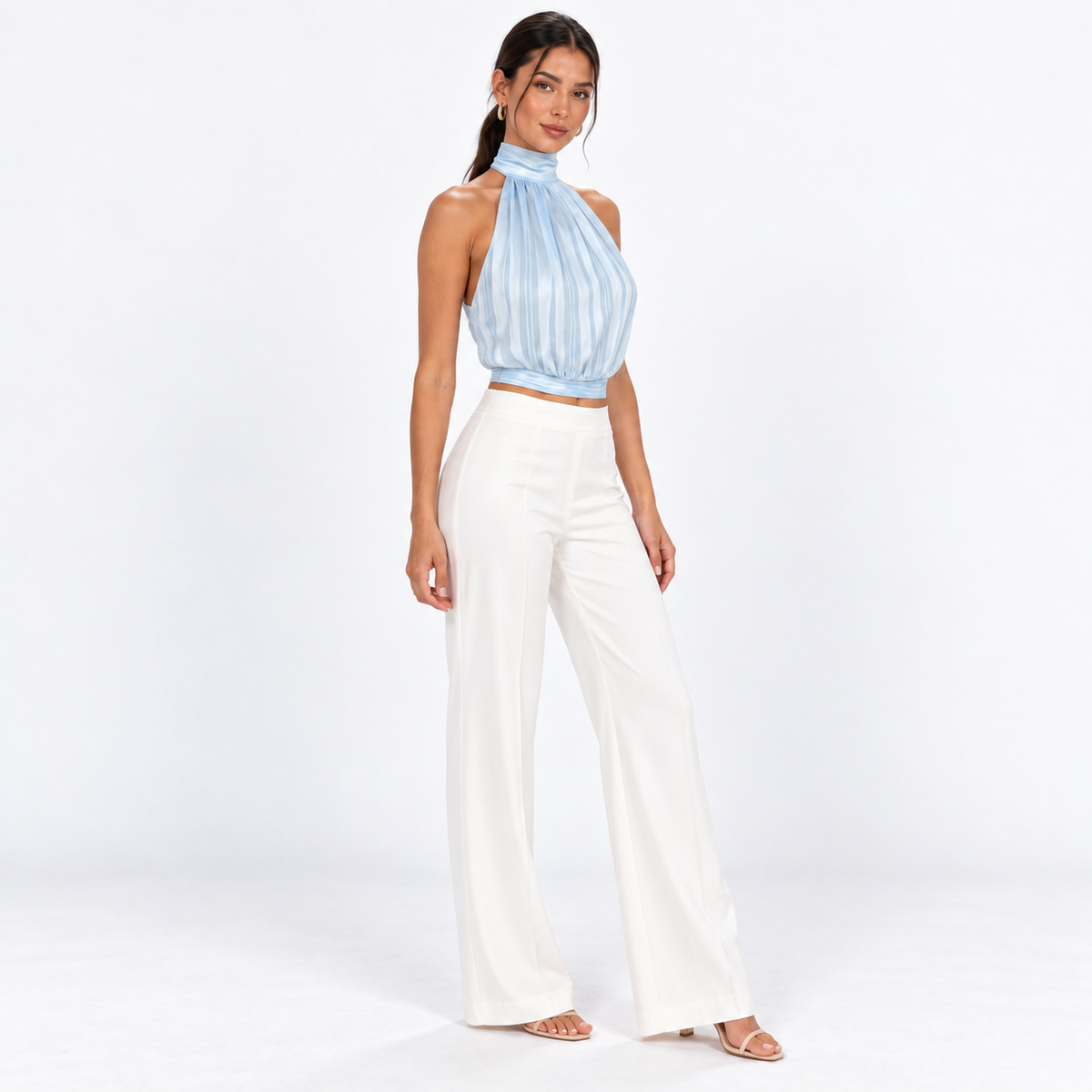 Gathered Halter Tie-Back Top — Light Blue — front45 view