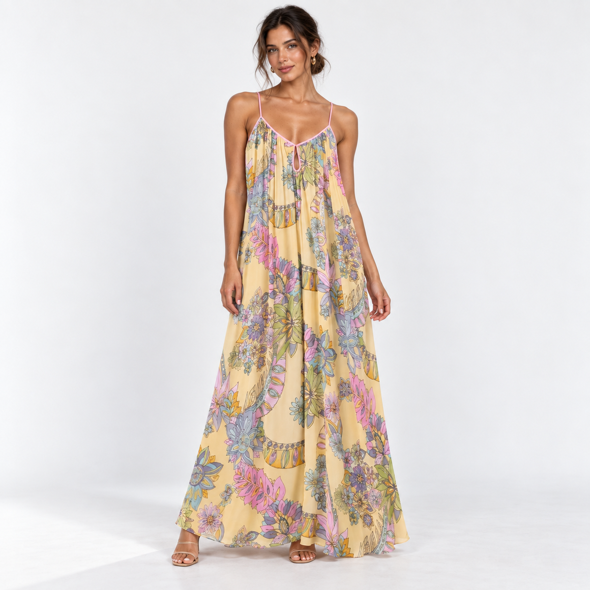 Floral Chiffon Cami Maxi Dress — Yellow — front view