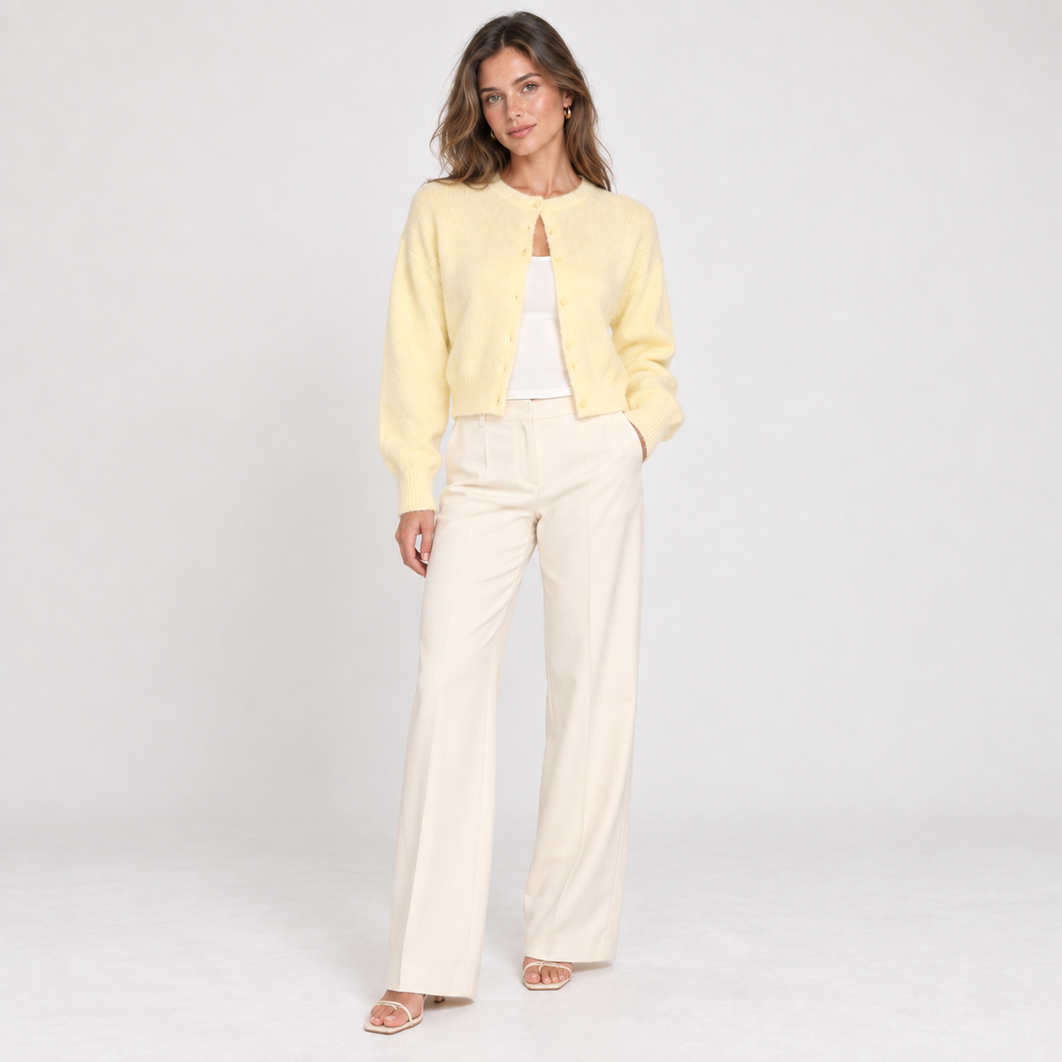 Lemon Cropped Knit Cardigan — Lemon — front view