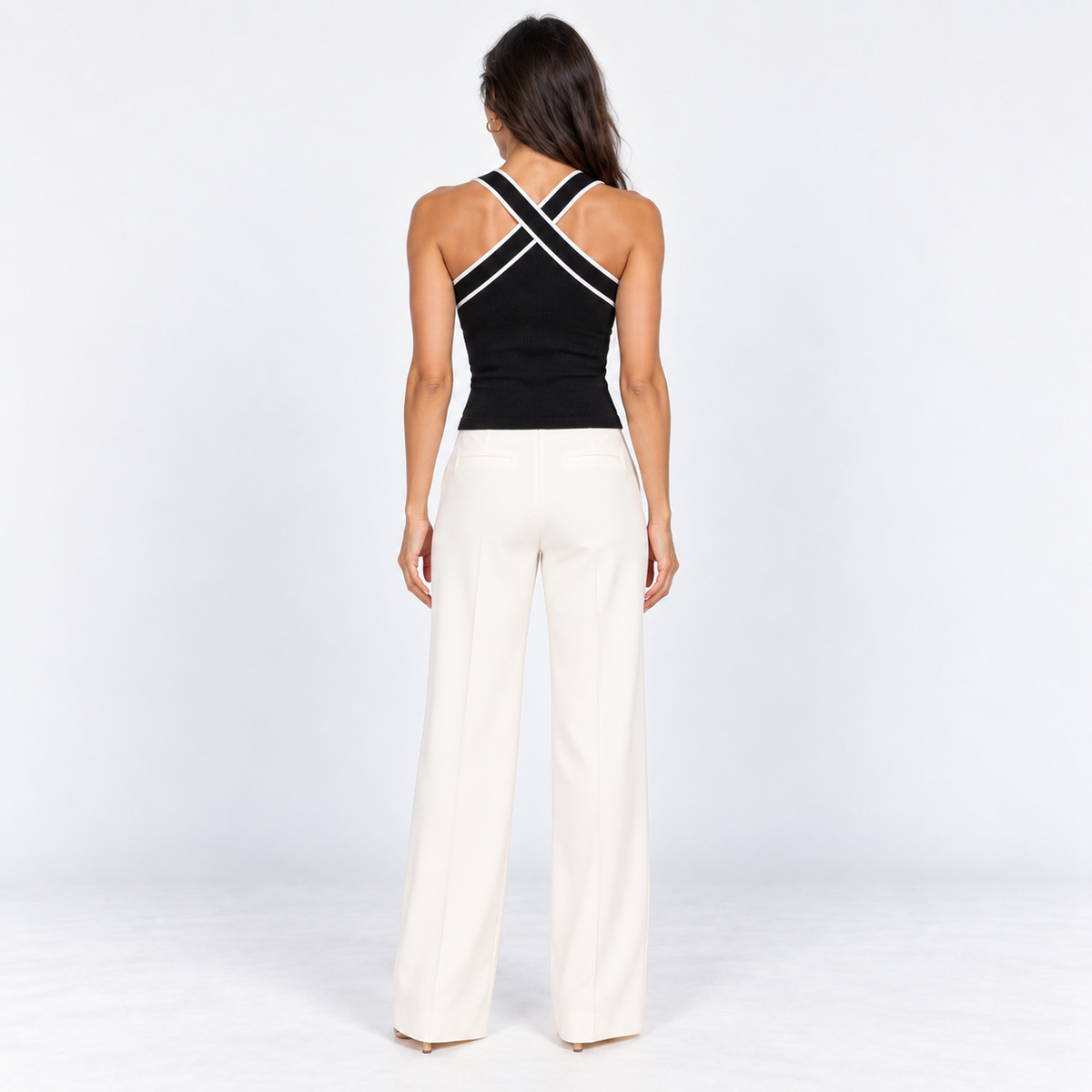 Contrast-Trim Crossover Knit Tank — Black — back view