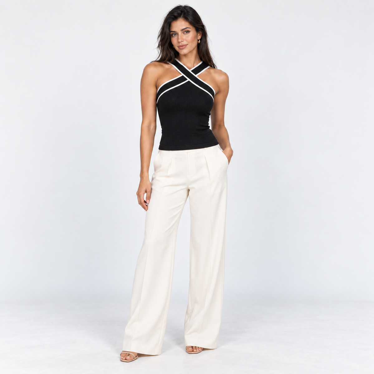 Contrast-Trim Crossover Knit Tank — Black — front view
