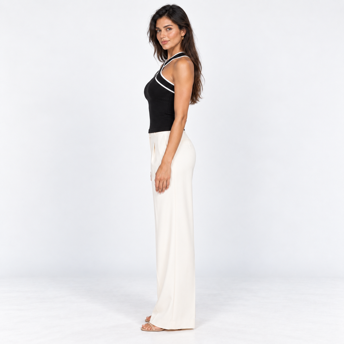 Contrast-Trim Crossover Knit Tank — Black — side view
