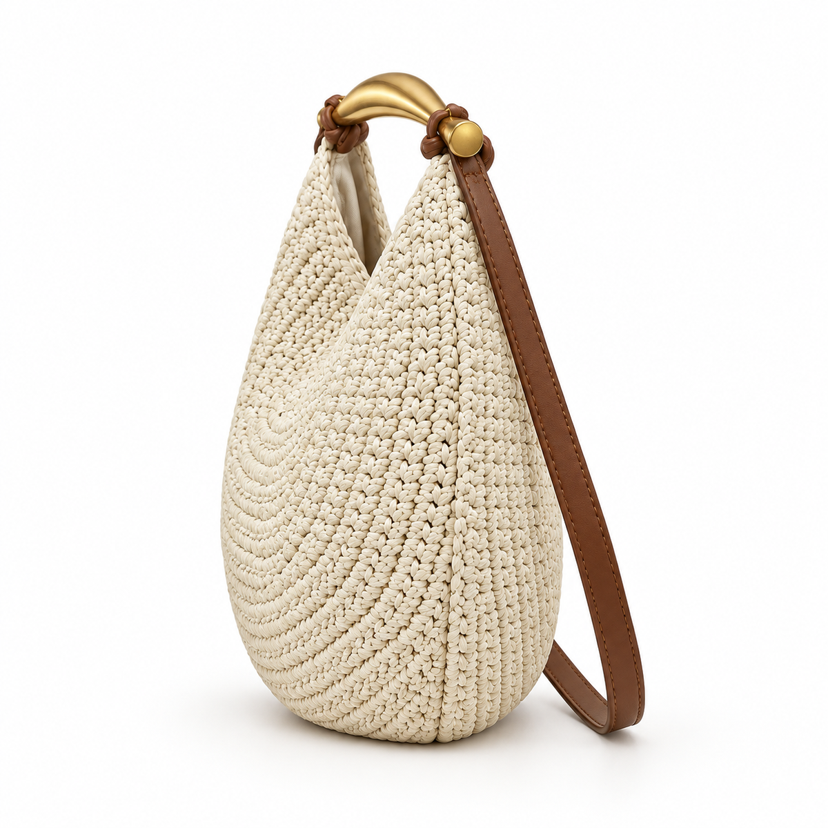 Round Woven Handle Bag — Beige — side view