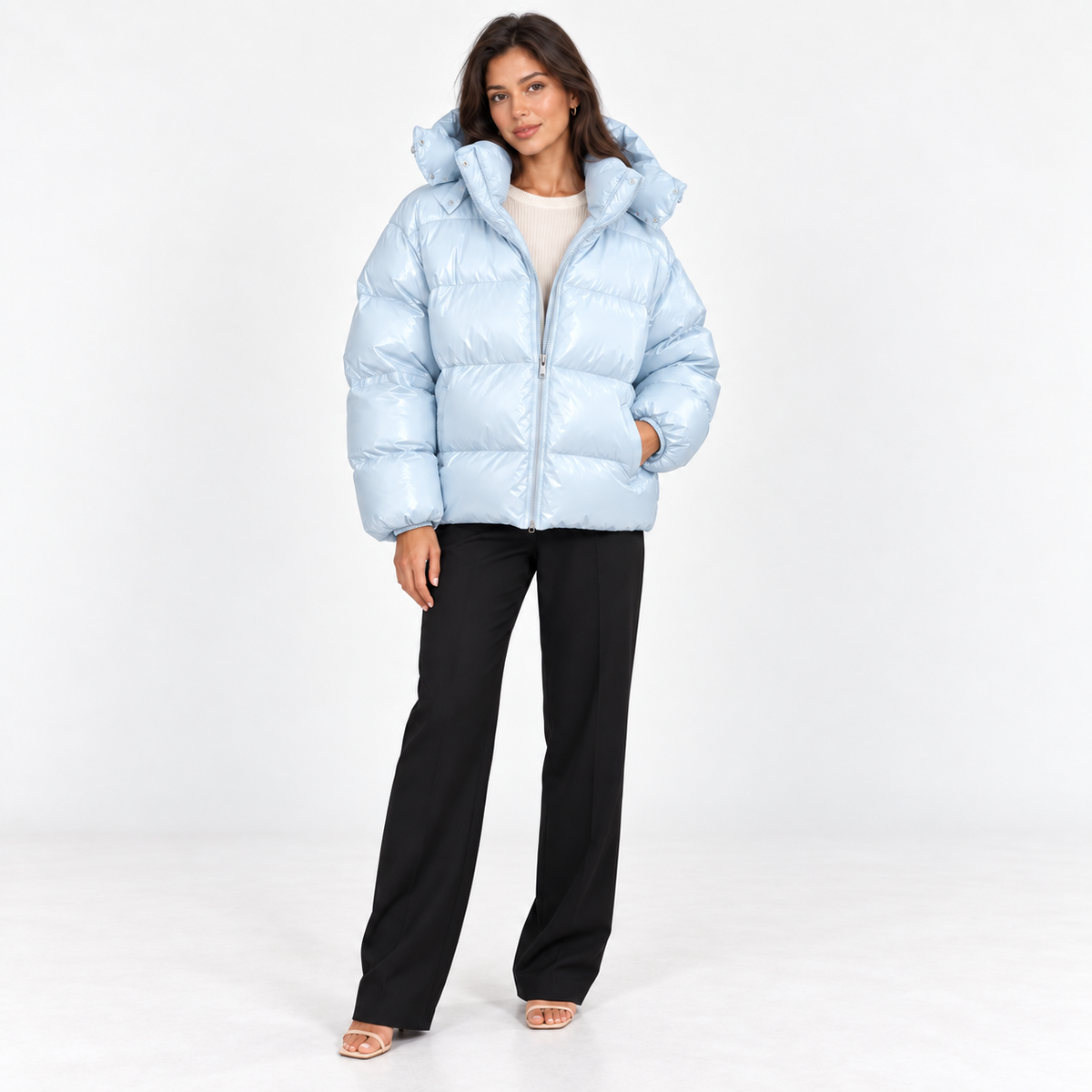 Hooded Puffer Jacket — Light Blue — front view