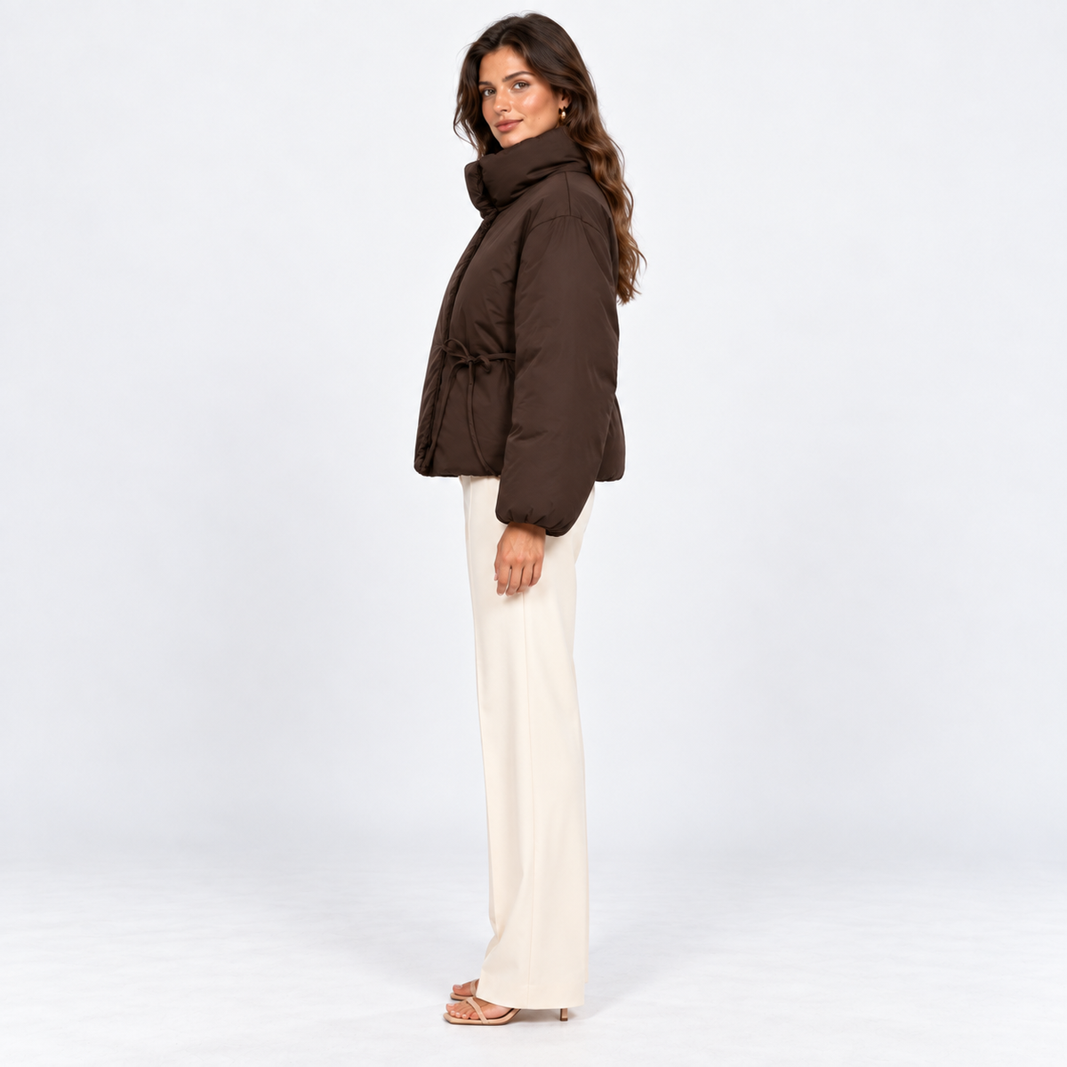 High-Collar Drawstring Puffer — Brown — side view
