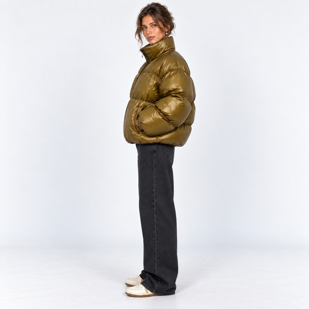 Gloss-Finish Puffer Jacket — Olive — side view