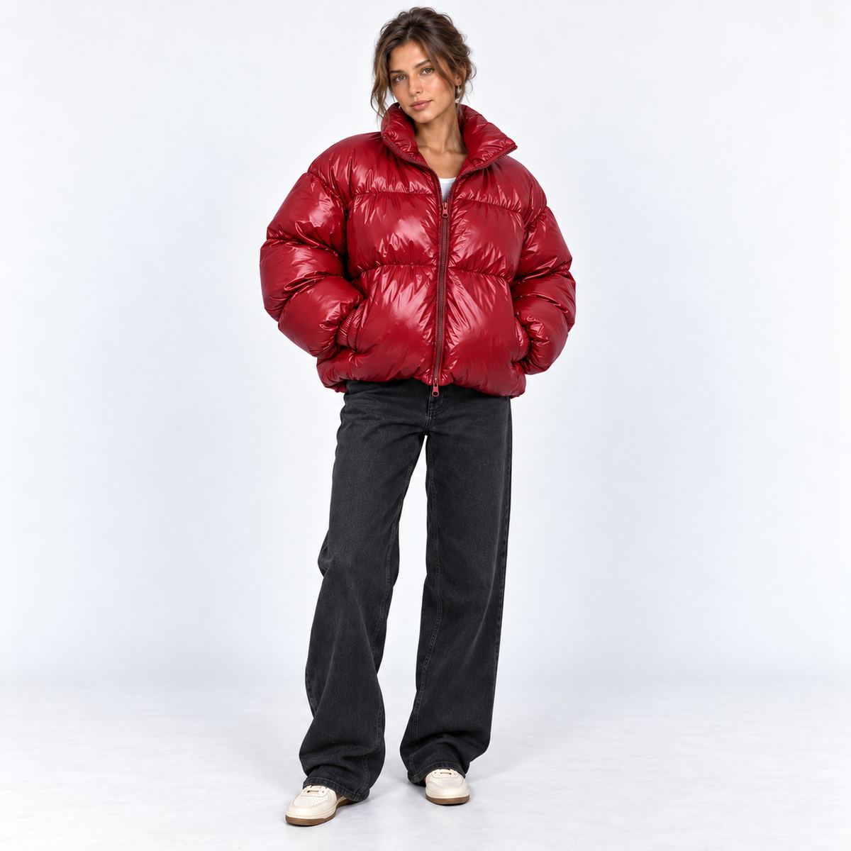 Gloss-Finish Puffer Jacket — Red — front view