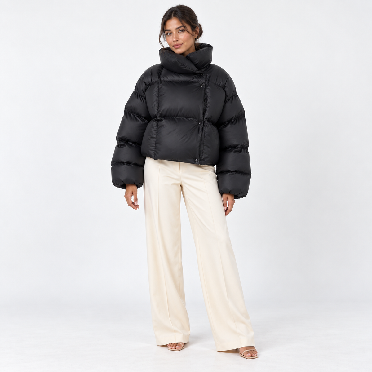 High-Neck Puffer Jacket — Black — front view