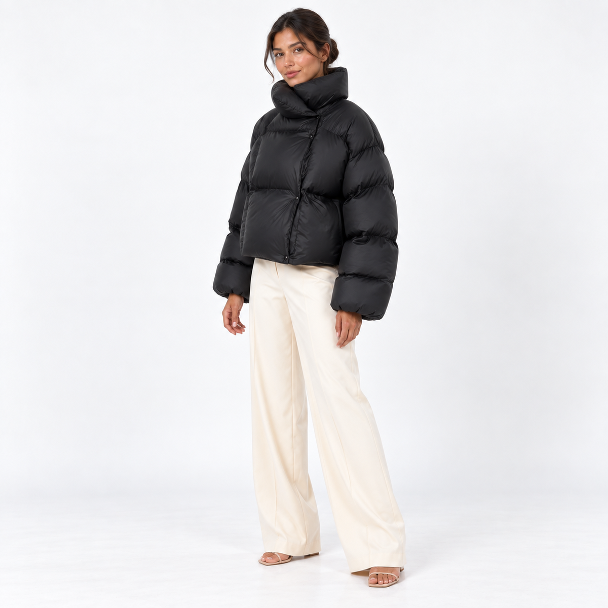 High-Neck Puffer Jacket — Black — front45 view
