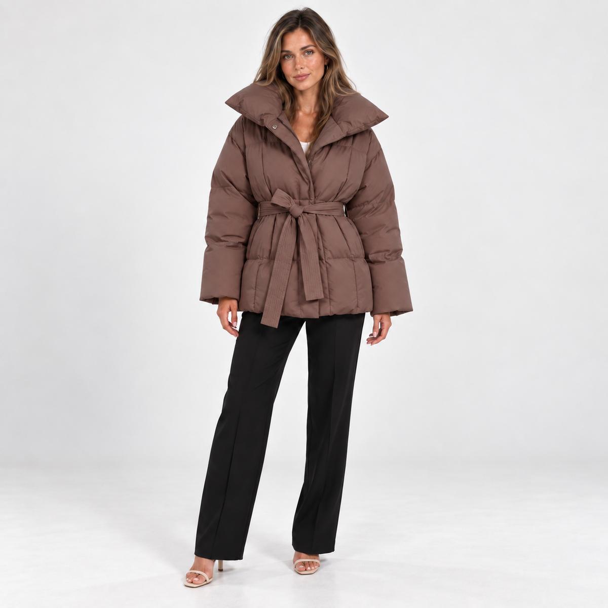 Belted Puffer Jacket — Brown — front view