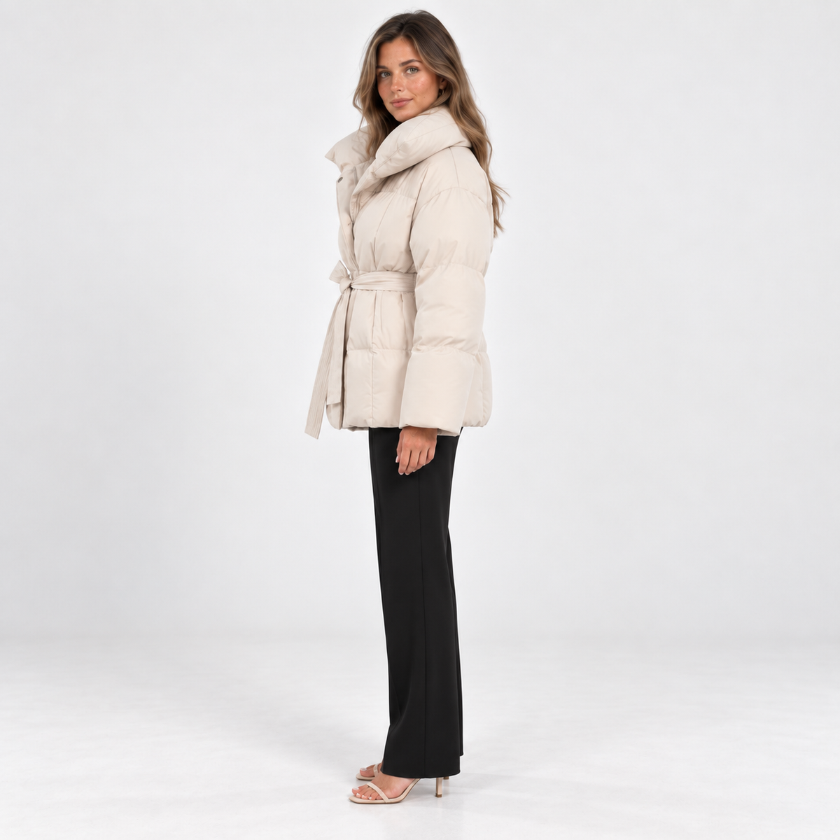 Belted Puffer Jacket — Offwhite — side view