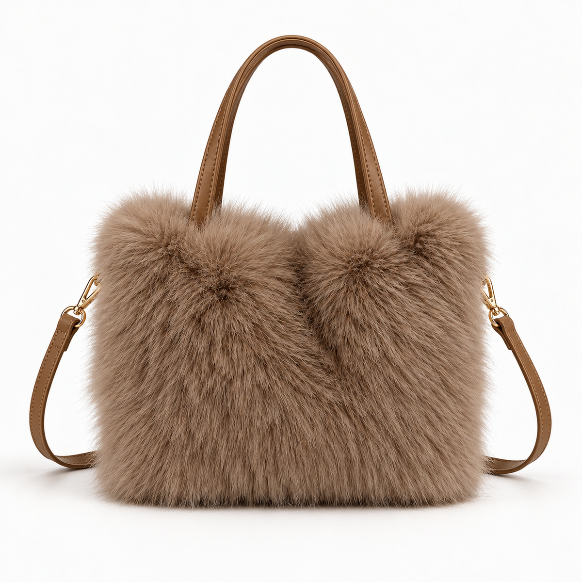 Faux-Fur Mini Tote — Brown — front view